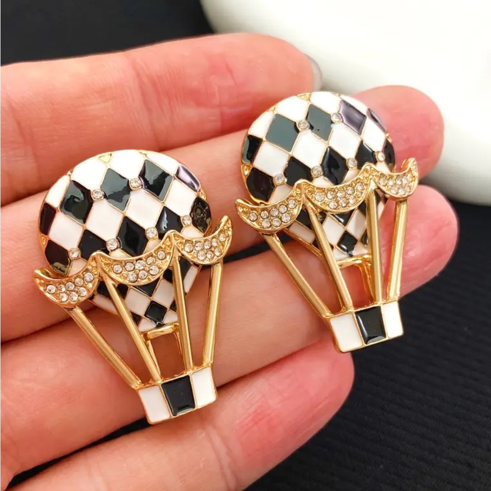 Enameled Checkered Hot Air Balloon Stud Earrings - Picture 2 of 5
